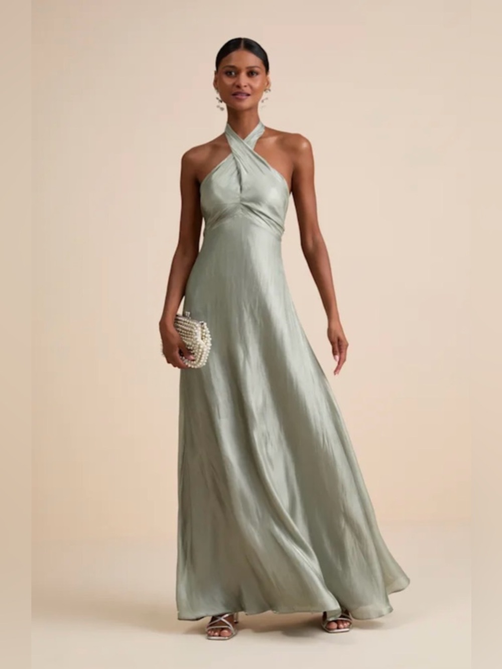 Lulus Canley Satin Cross-Front Halter Maxi Dress Sage Green L NWT